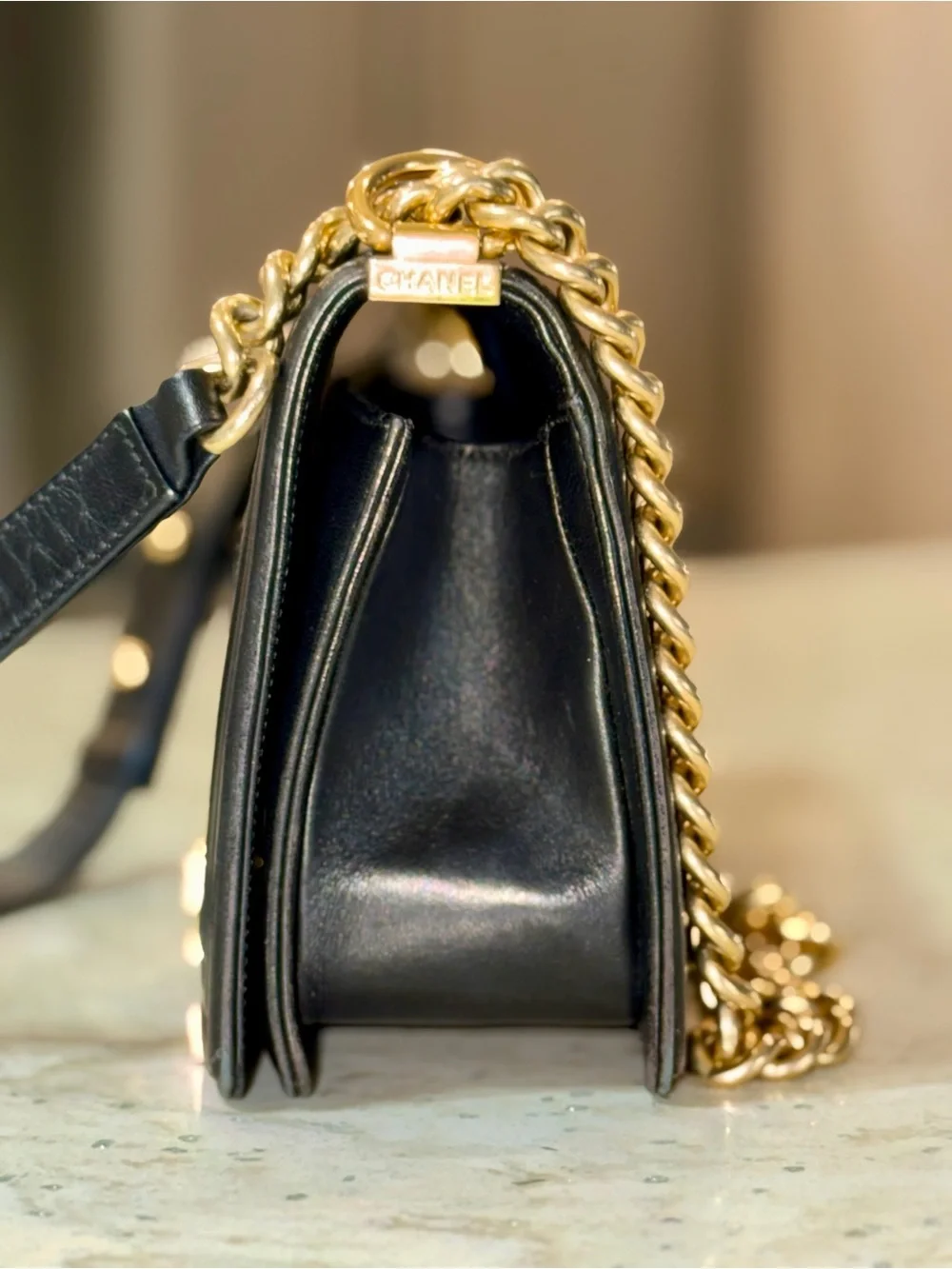 Chanel Boy Medium Black Quilted Lammakin Chain Shoulder Bag with Gold Hardware